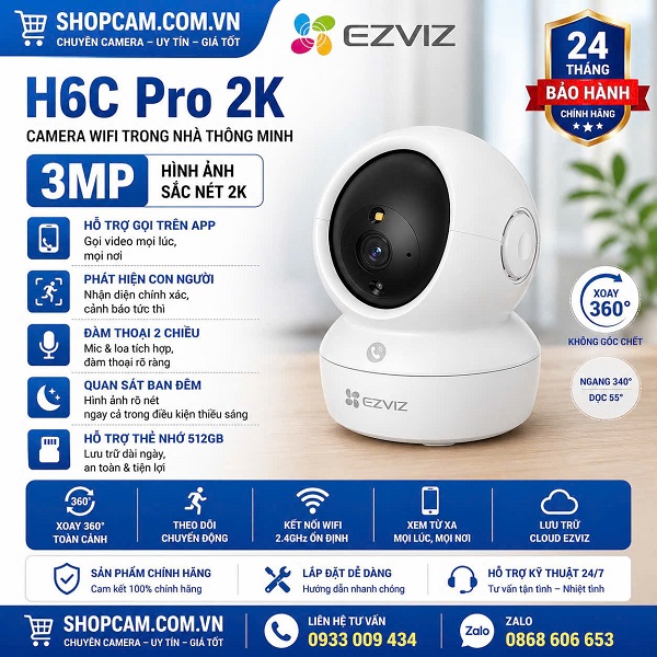 Camera wifi trong nhà Ezviz H6C Pro - Tính năng AI cảnh báo tức thì | giá rẻ