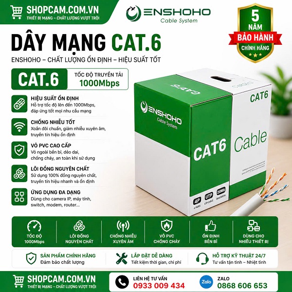 Cáp mạng Cat6 Ensoho | dây cáp chuyên dùng cho hệ thống camera IP