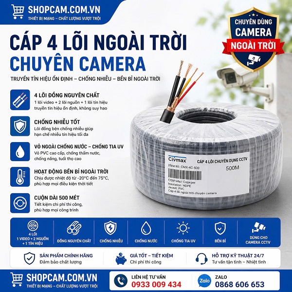Dây Cáp 4 Lõi Chuyên Camera Giám Sát | cáp ngoài trời chịu mọi thời tiết