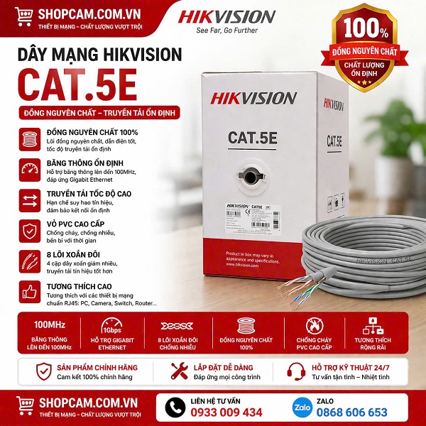 Cáp mạng Cat5 Hikvision | chính hãng lõi nguyên chất 100%