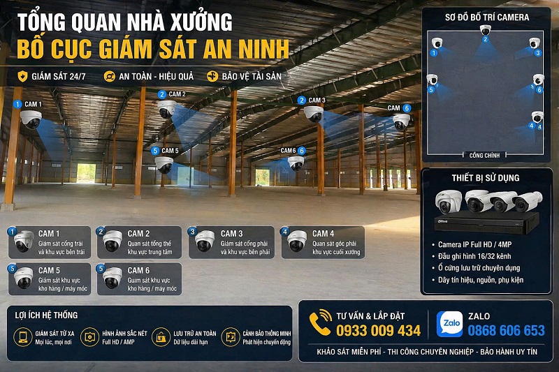 Sơ đồ thi công lắp đặt camera nhà xưởng, kho xưởng